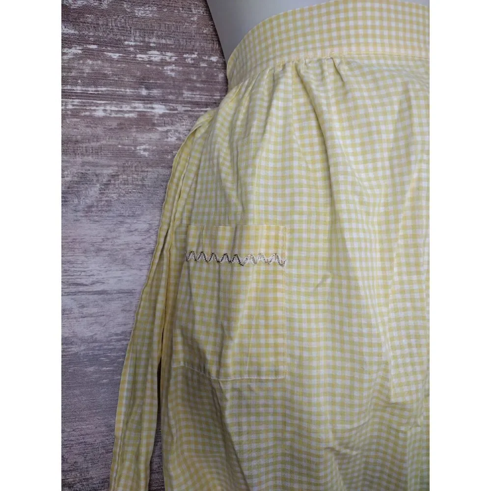Vintage Half Apron Yellow White Gingham Rick Rack Trim 1950 Handmade Pocket MCM